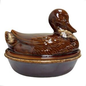 Vintage Hull Pottery Brown Duck Covered Casserole Oven Baking Dish‎ W/ Lid